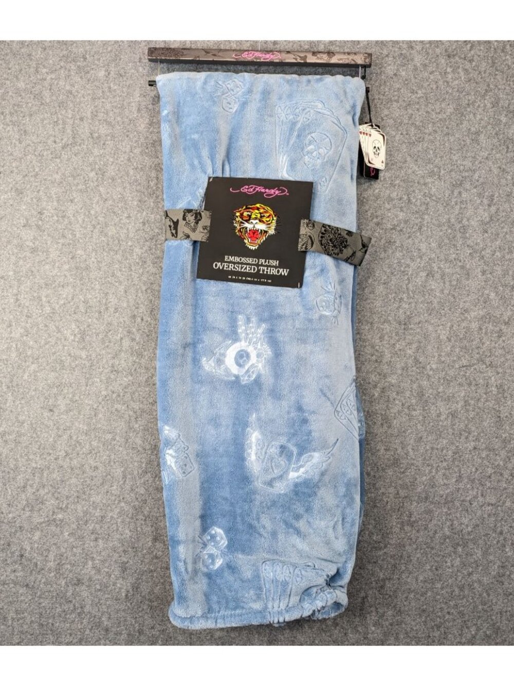 Ed Hardy Embossed Plush Oversized Throw Blanket Skull Playing Cards Blue Soft